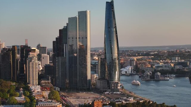 Aerial crane of Crown Towers. Skyscrapers and commercial buildings in Barangaroo, Sydney