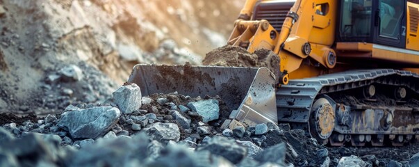 Fototapeta premium A yellow bulldozer moving rocks at a construction site