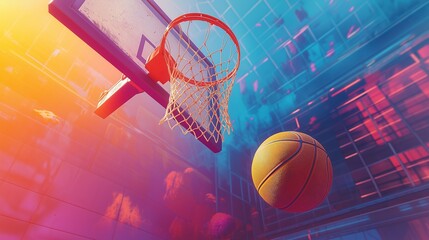 basketball bouncing mid-air near a hoop, with a vibrant court background and intense lighting capturing the energy of the game