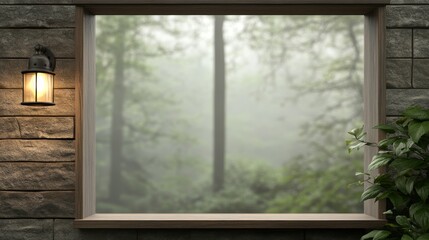 A narrow window in an old stone house, looking out to a misty, quiet forest, soft indoor lighting enhancing the mystery of the scene, Photorealistic