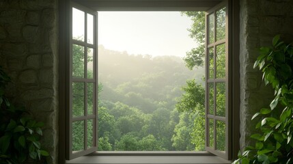 A narrow window in an old stone house, looking out to a misty, quiet forest, soft indoor lighting enhancing the mystery of the scene, Photorealistic