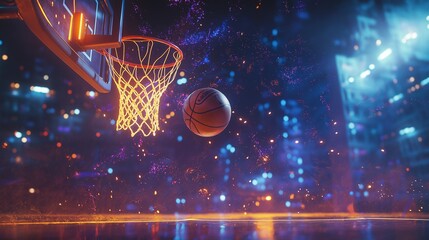 basketball bouncing mid-air near a hoop, with a vibrant court background