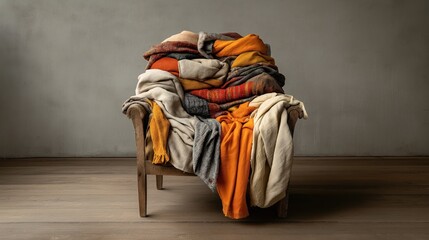 Wooden armchair covered with a pile of assorted blankets and throws in various colors including orange, beige, and gray in a minimalist room setting.