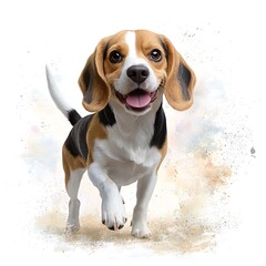 The illustration shows a realistic depiction of a Beagle, a small to medium sized breed known for its friendly demeanor and distinctive tri color coat, standing proudly with its tail wagging