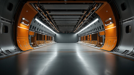 Fototapeta premium Interior view of an empty aircraft cargo hold with orange and gray walls, overhead wiring, and lighting