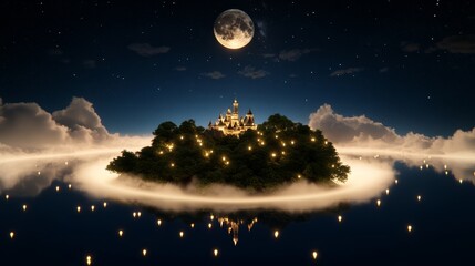 tiny enchanted island with a glowing moonlit castle surrounded by magical fireflies, an ethereal mist rising from the water, and floating lanterns drifting through the air as ancient trees with