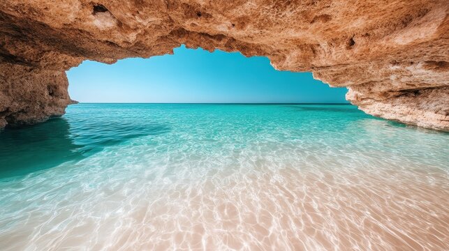 A natural cave frames the view of brilliant turquoise waters and a bright blue sky, creating a breathtaking natural masterpiece reminiscent of a dream setting.