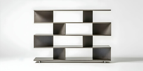 Frontal view of minimalist metal bookshelf, clean and modern on white backdrop.