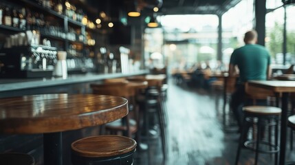 A cozy coffee shop scene with wooden tables and stools, filled with natural light from large windows, ambiance perfect for relaxation or focused work.