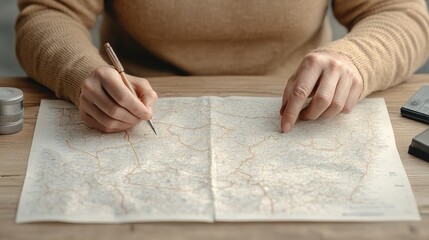 Close-up of a person studying a map, tracing routes with a finger, soft ambient light illuminating the map and their face, Photorealistic