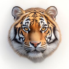 Obraz premium The portrait of a majestic tiger Panthera, with vibrant orange fur and piercing yellow eyes, is rendered in stunning detail against a crisp white background