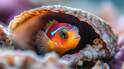 Colorful Tropical Fish Hiding in a Shell Underwater, Showcasing Vibrant Colors and Intricate Details of Marine Life in Coral Reef Environment