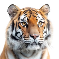 Fototapeta premium The portrait of a majestic tiger Panthera, with vibrant orange fur and piercing yellow eyes, is rendered in stunning detail against a crisp white background