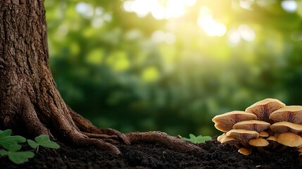 Tree trunk with mushrooms growing at its base in a sunlit forest setting.