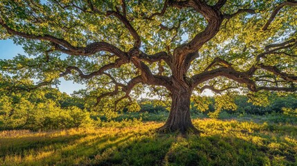 Majestic oak tree basking in sunlight in a serene grassy meadow.