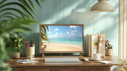 Vacation Digital Photo Frame a?" Digital frame on a desk displaying cherished vacation photos -
