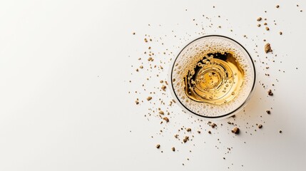 Top view of a glass filled with golden sparkling liquid, likely champagne or beer, surrounded by scattered golden crumbs on a pale surface.