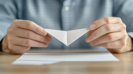 Close-up of a person folding a paper airplane, focused expression as they work through the steps, soft lighting highlighting their hands, Photorealistic
