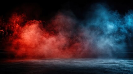 Red and blue smoke mixes in an energized composition that juxtaposes the passion and calmness of color, crafted as a vivid and lively visual artwork.