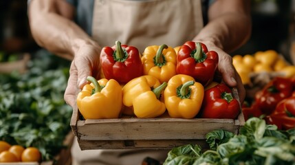 Hand holding a wooden crate filled with fresh red and yellow bell peppers, surrounded by leafy greens, captured at an outdoor farmer's market setting.