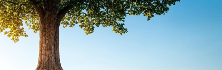 Fototapeta premium Majestic tree with strong roots against a clear blue sky.