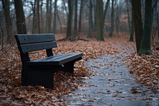 Empty bench inviting visitors to rest in a peaceful autumn park