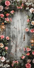 Fototapeta premium A rustic wooden backdrop adorned with pink roses and greenery, perfect for seasonal or event-themed designs.