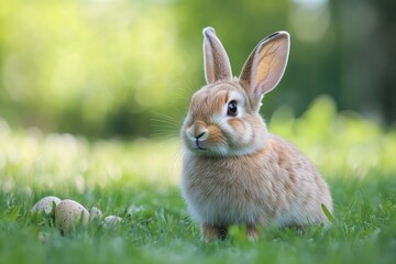 Naklejka premium Cute easter bunny sitting on grass with eggs in springtime