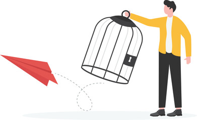 Freedom, the red paper airplane flies out of the cage opened by the giant

