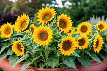 Fototapeta premium Vibrant Cheerful Sunflower Blooms in Bright Greenery Decor for Summer Gardens