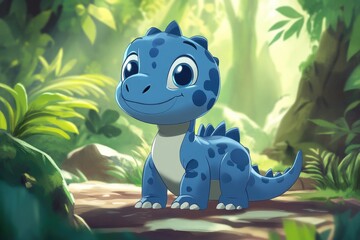 Naklejka premium Cute blue dinosaur exploring lush prehistoric jungle