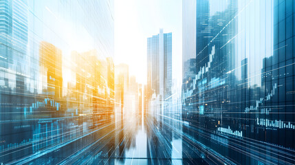 Finance trade manager analysing stock market indicators for best investment strategy, financial data and charts with business buildings in background