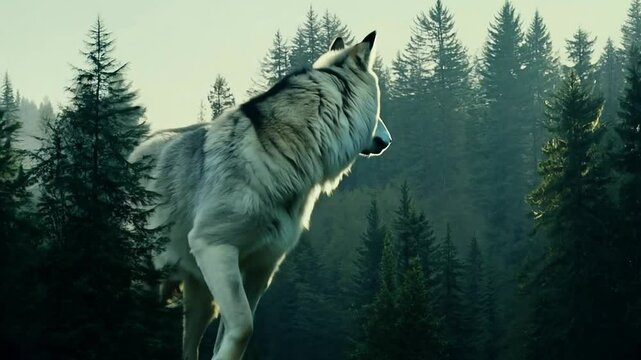 Close-up of a wolf with thick fur searching for prey in a pine forest.