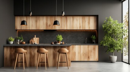 A contemporary kitchen space characterized by dark tones and wooden finishes, enhanced by lush green plants, geometric designs, and ambient lighting for a cozy atmosphere.