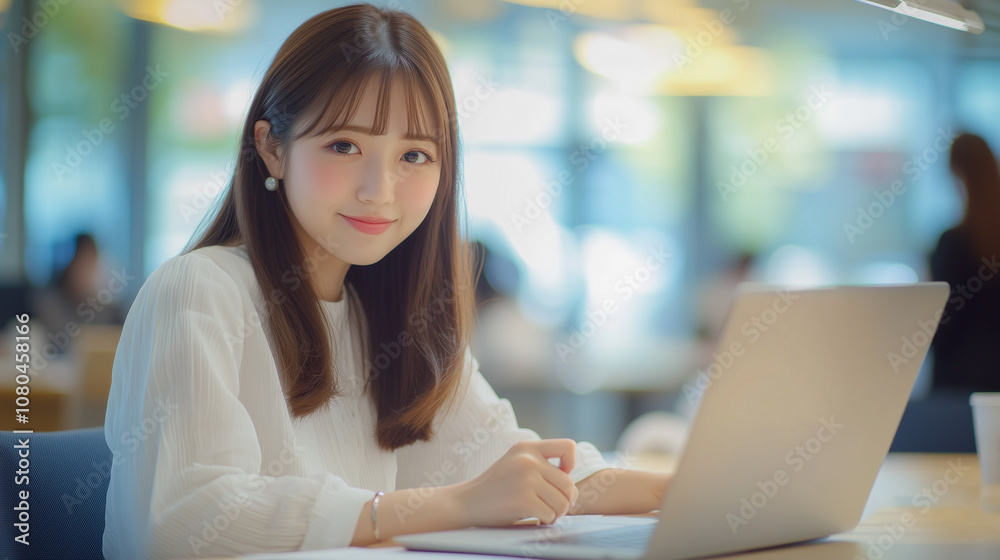 Poster 若くてかわいいアジア人女性が、カフェでパソコン作業をしている。笑顔のビジネスシーンの撮影。