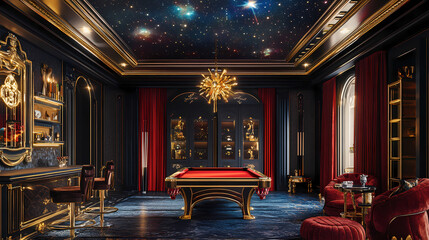A luxurious game room with a starry ceiling, a pool table, and gold accents. Opulent. Illustration