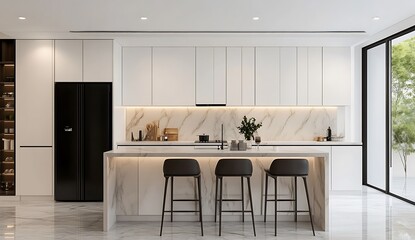 Fototapeta premium 3D Rendering of a Modern White Kitchen Interior with Minimalist Design and Clean Aesthetic