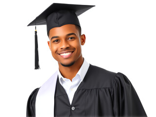 Young black man wearing a graduation cap and gown smiles proudly for his graduation portrait against a plain background