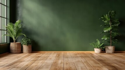 A wooden floor is adorned with potted plants against a deep green wall, creating an earthy and tranquil living space with calming and natural elements.
