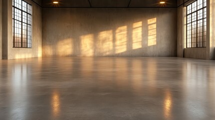 An empty industrial loft space with tall windows casting sunlight patterns across a polished concrete floor, emphasizing openness and tranquility in a modern setting.