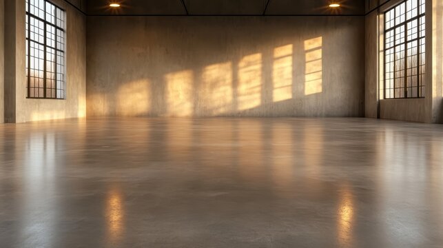 An empty industrial loft space with tall windows casting sunlight patterns across a polished concrete floor, emphasizing openness and tranquility in a modern setting.