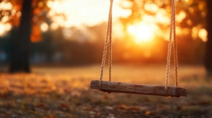 A picturesque swing made from wood and rope hangs from a tree, surrounded by a breathtaking golden sunset backdrop, evoking nostalgia and childhood memories of freedom.