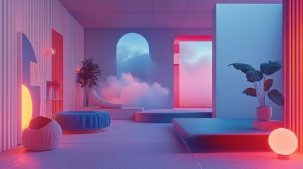 A room with a blue couch and a potted plant. The room is decorated in a futuristic style with a pink and blue color scheme