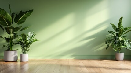 This light and airy room features large potted plants against a pale green wall, enjoying abundant natural sunlight for a fresh and uplifting atmosphere.