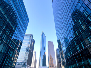 Modern skyscrapers rise toward a clear sky in a bustling urban landscape during daylight, showcasing architectural innovation and city life