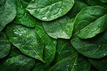 Fototapeta premium Fresh spinach leaves with water droplets, vibrant green and lush. Perfect for healthy, vegetarian designs. Enhances natural pattern, evoking spring or summer. Full of life and vitality