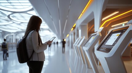 passenger scanning a digital boarding pass at a high-tech airport gate