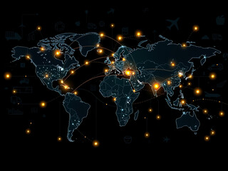 A global digital network map illustrating connections between major cities with glowing nodes and lines, showcasing world interconnectivity