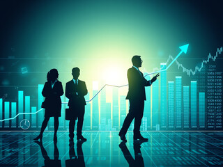 Business professionals analyzing financial growth trends in a modern, digital office environment during the evening