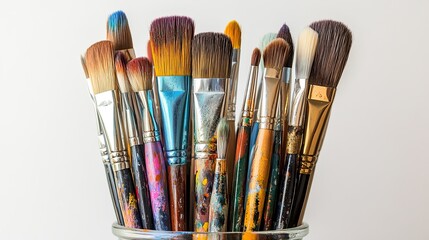 A variety of art brushes are shown in a glass jar against a white background.